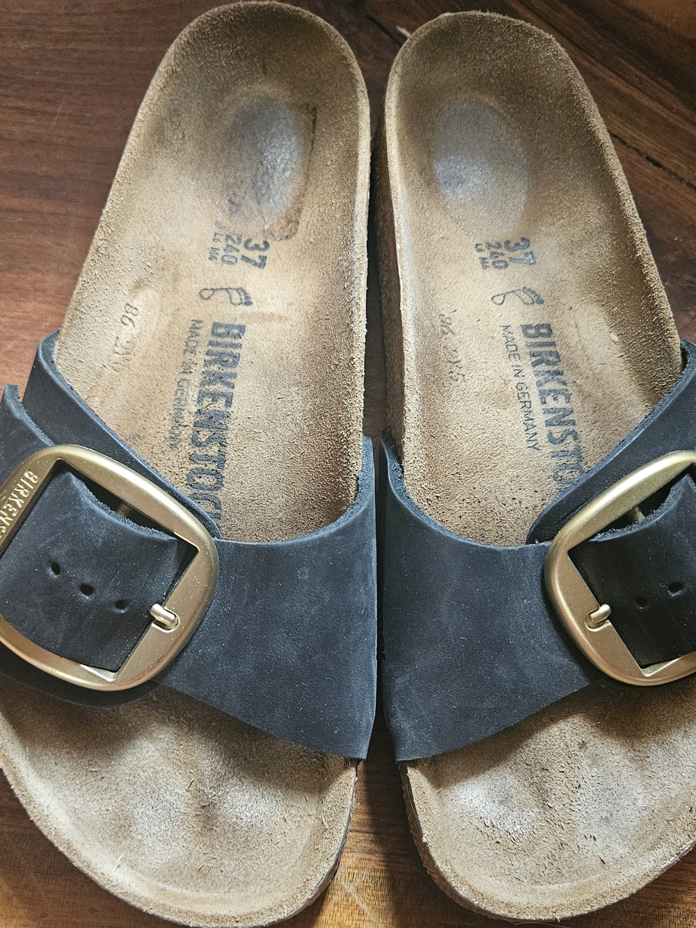 Birkenstock Black Footbed Sandals with Gold Buckles - Picture 2 of 5